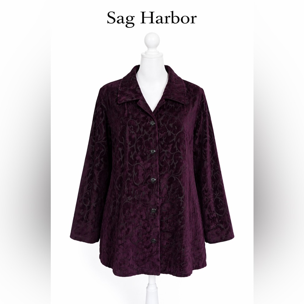 Sag Harbor Plum Velvet Burnout Button Front Textured Blazer/Jacket